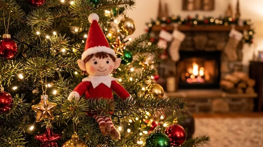 Felt Christmas elf peeking out from the branches of a lit Christmas tree in a cozy living room