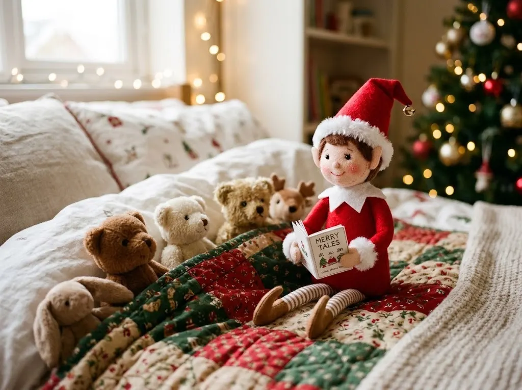 Felt elf reading a tiny picture book to teddy bears tucked under a blanket