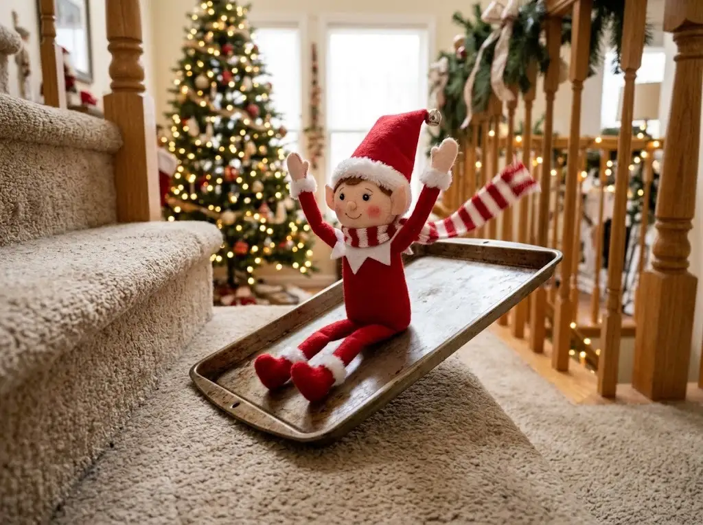 Felt elf sledding down a carpeted staircase on a metal baking sheet