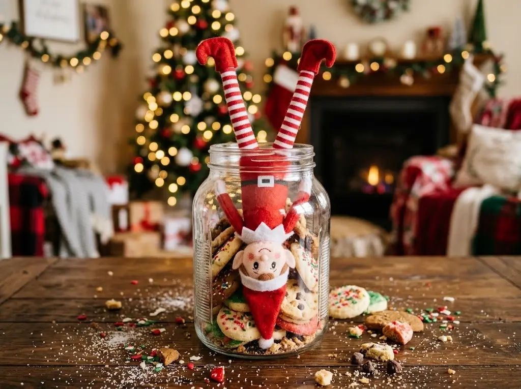 Felt elf stuck upside down in a glass cookie jar with only its legs sticking out