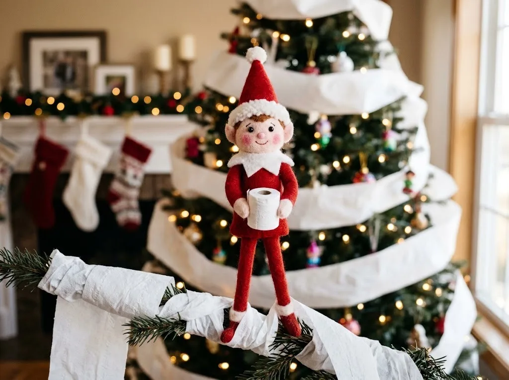 Felt elf holding a toilet paper roll on a small Christmas tree it wrapped in toilet paper