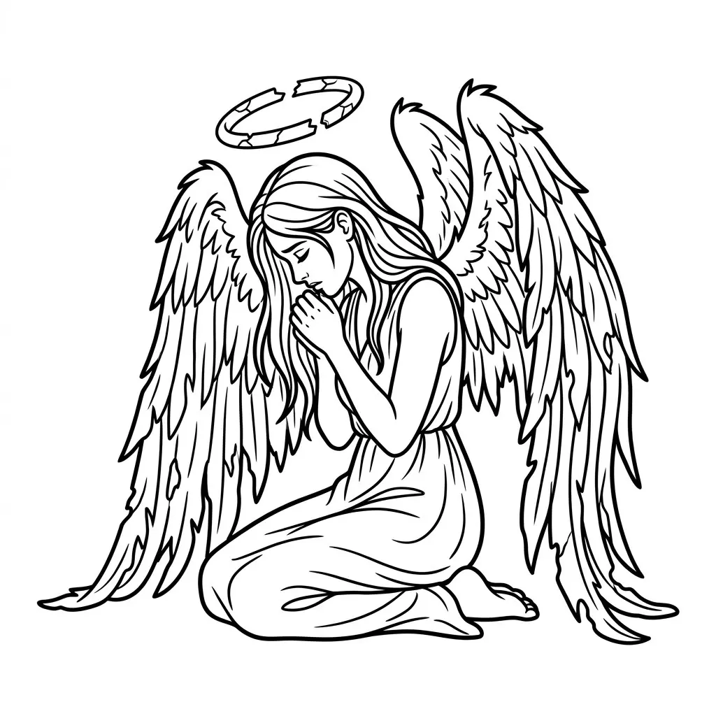 Gothic fallen angel drawing kneeling with drooping torn wings and a cracked halo