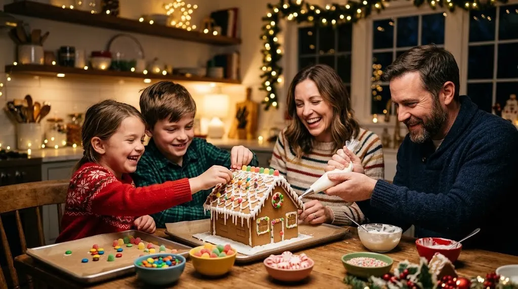 Family decorating a gingerbread house together at a kitchen table with gumdrops, candy and white royal icing
