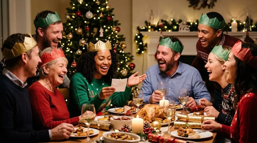 Family and friends laughing at Christmas jokes around a festive dinner table with Christmas crackers and paper crowns