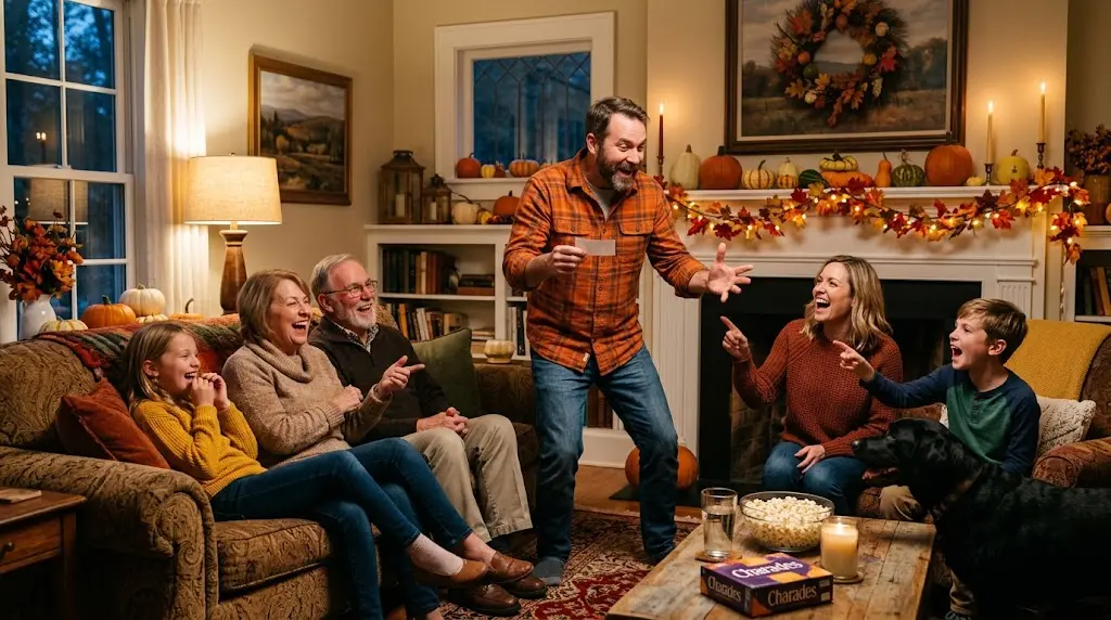 Three generations of a family laughing during a game of Thanksgiving charades in a cozy living room with fall decorations