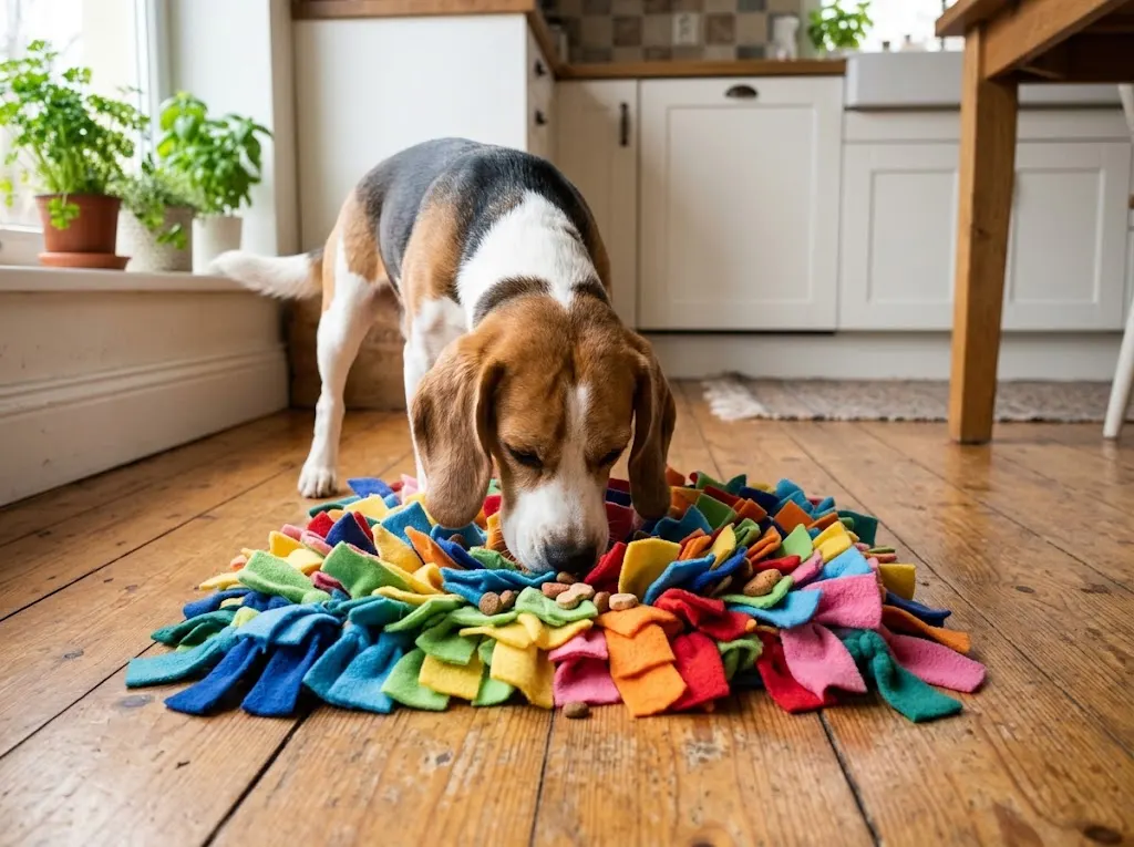 Dog sniffing out hidden treats in a snuffle mat during a find it nose game
