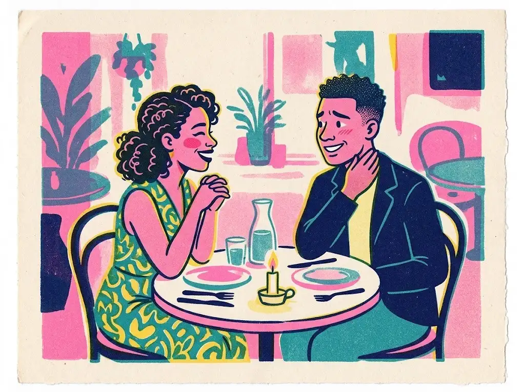Risograph illustration of a couple on a first date at a candlelit restaurant table leaning in to talk