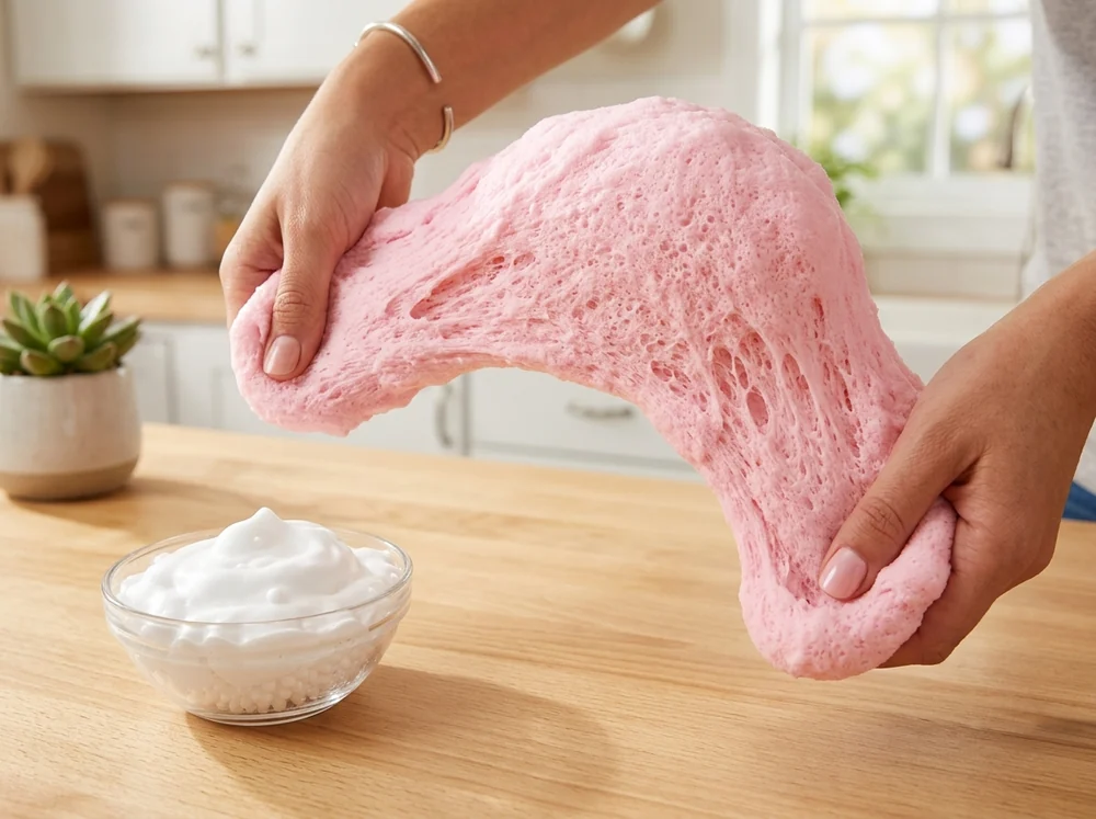Fluffy slime recipe result: pastel pink fluffy slime made with shaving cream stretched between two hands