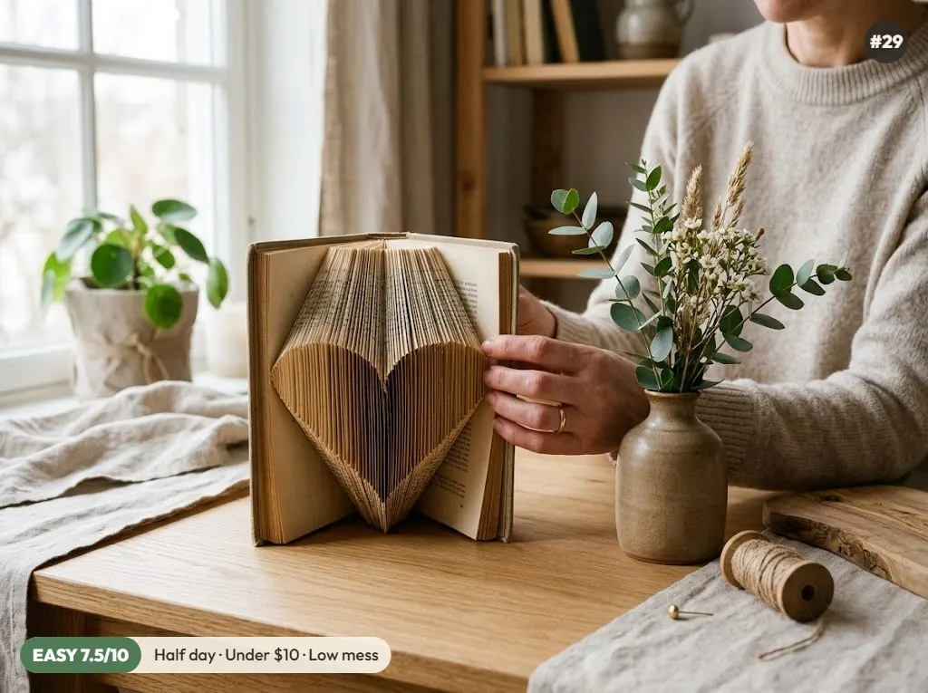 Old hardcover book with pages folded to form a heart standing open on a wooden shelf
