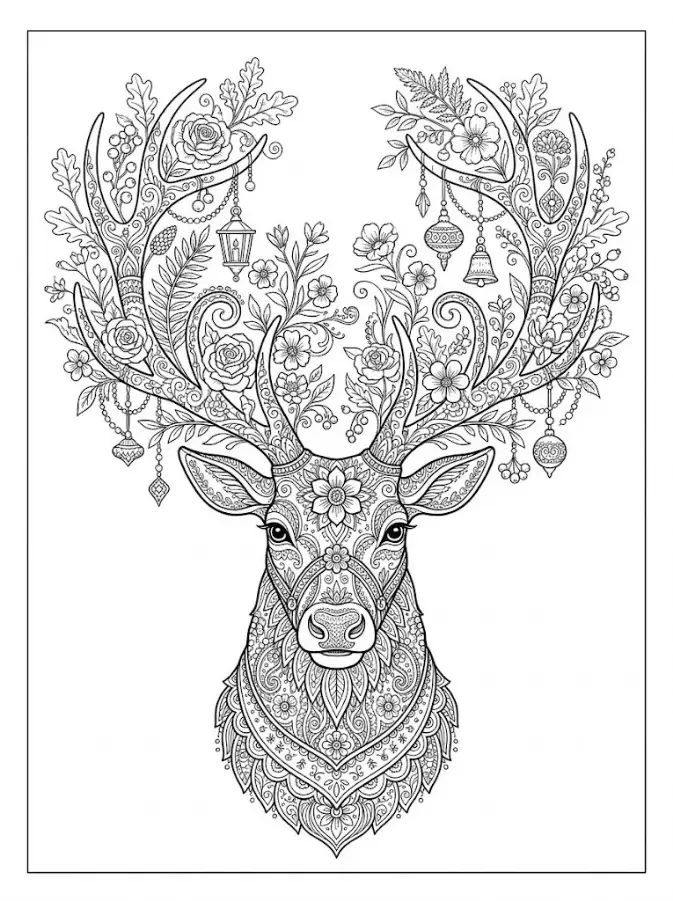 Detailed folk art reindeer head coloring page with antlers decorated with flowers and ornaments