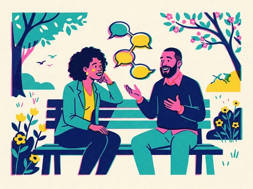Risograph illustration of a person leaning in to listen on a park bench while the other talks happily, showing the power of follow-up questions