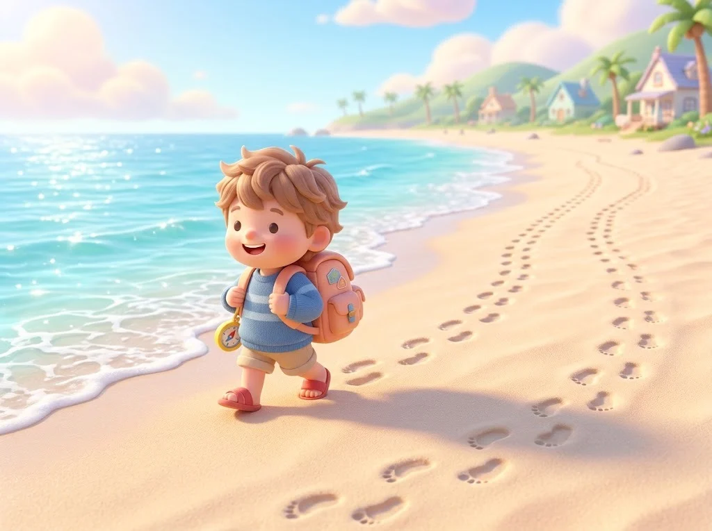 Cute 3D kid explorer walking on a sunny beach leaving a trail of footprints, the answer to a hard riddle for kids