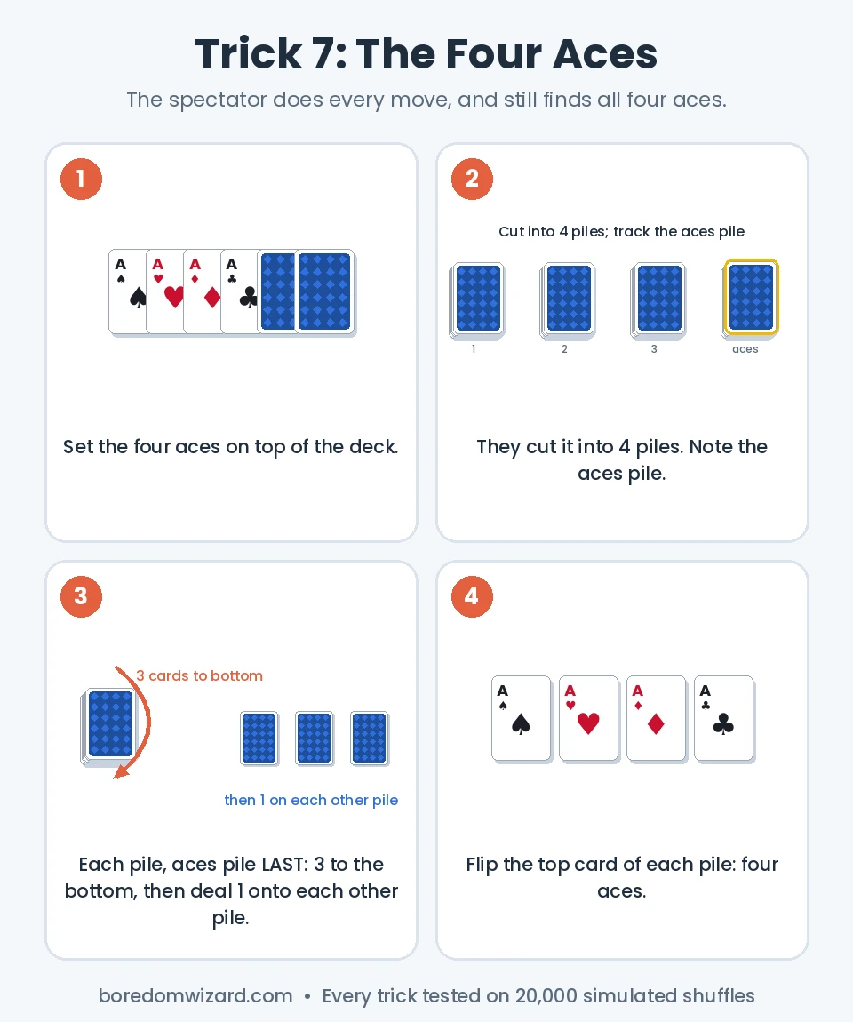 Four aces card trick: aces on top, cut into four piles, three cards to the bottom and one onto each other pile, four aces revealed