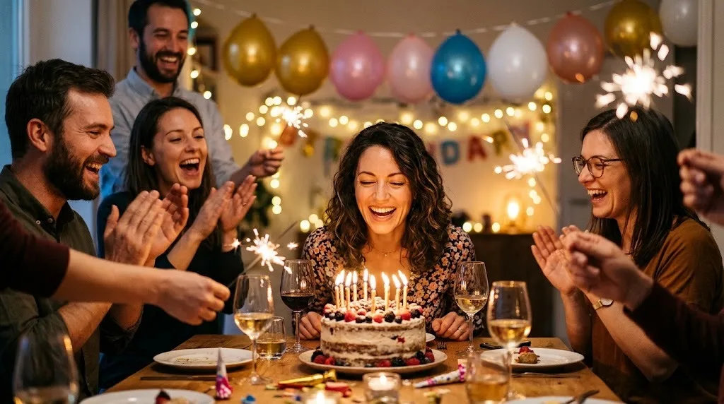 Group of friends cheering as a woman blows out the candles on her birthday cake at a dinner party with sparklers and balloons