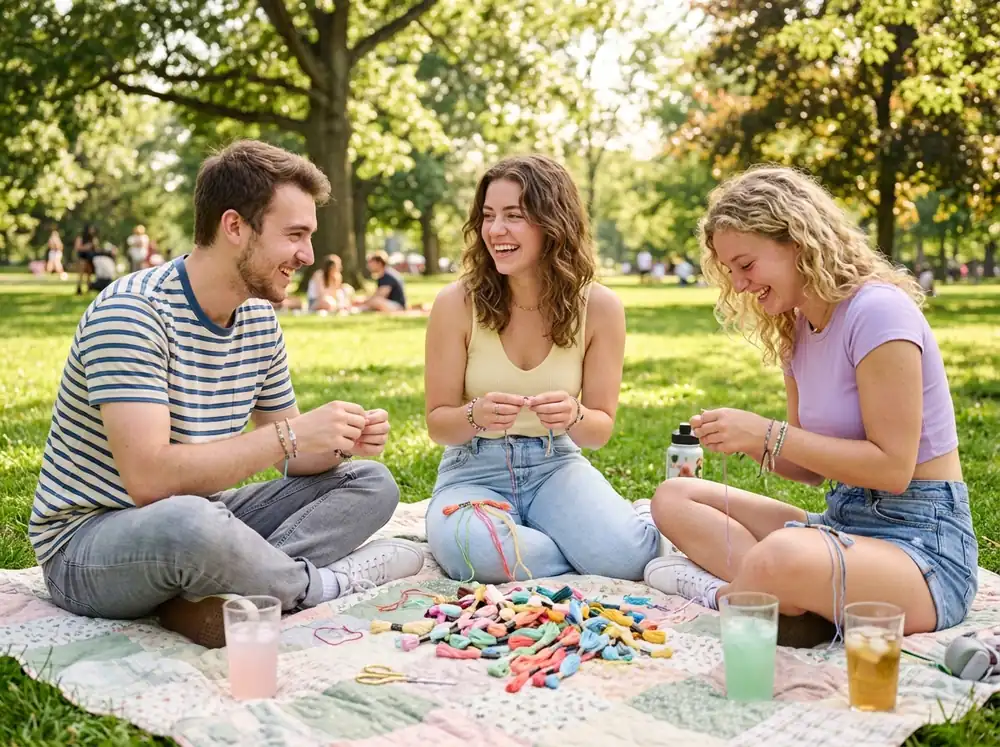 Group of Gen Z friends making friendship bracelets together on a picnic blanket with embroidery floss