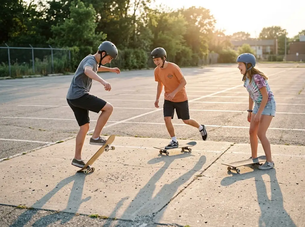 Group of friends skateboarding together in an empty parking lot on a bored summer afternoon