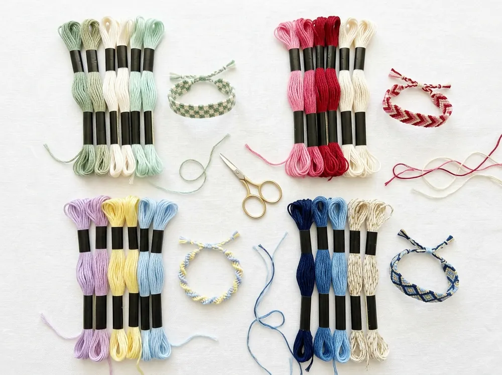 Embroidery floss in trending friendship bracelet color combos: sage and cream, pink and red, lilac and yellow