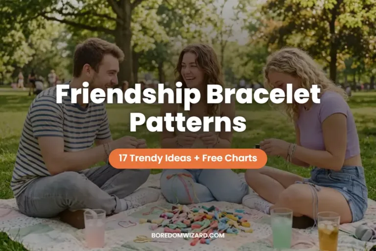 Friendship bracelet patterns featured image: friends making colorful friendship bracelets on a picnic blanket