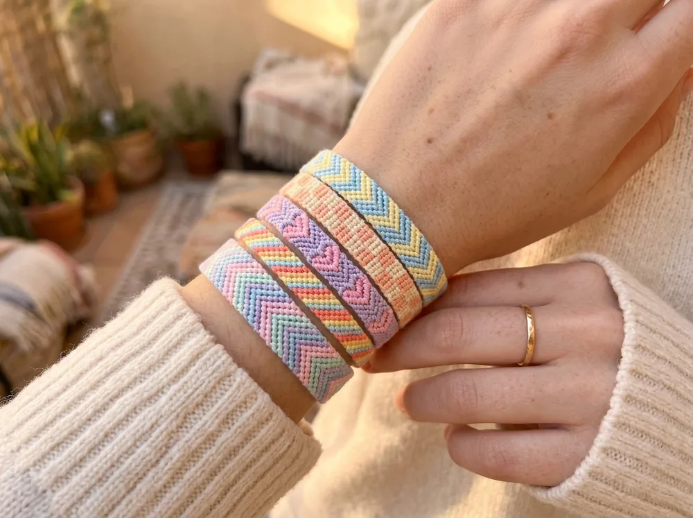 Wrist stack of pastel chevron, heart and striped friendship bracelets with a cream sweater