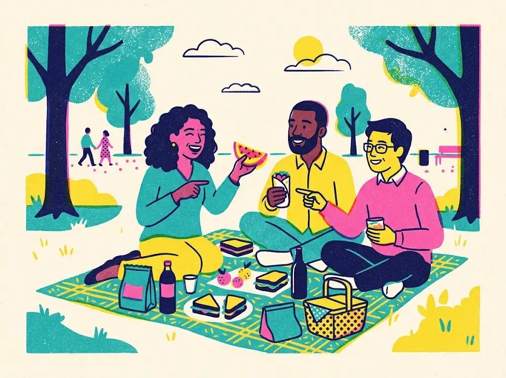 Risograph illustration of three friends on a picnic blanket comparing snacks and laughing over fun random questions