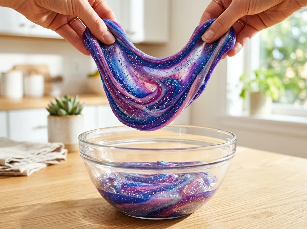 Swirled purple, blue and pink galaxy slime full of glitter stretched over a bowl