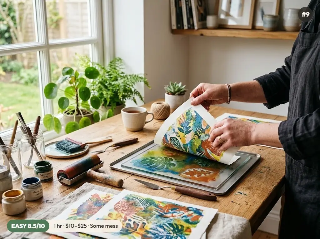 Adult hands pulling a colorful leaf monoprint off a gel printing plate with a brayer and prints on the table