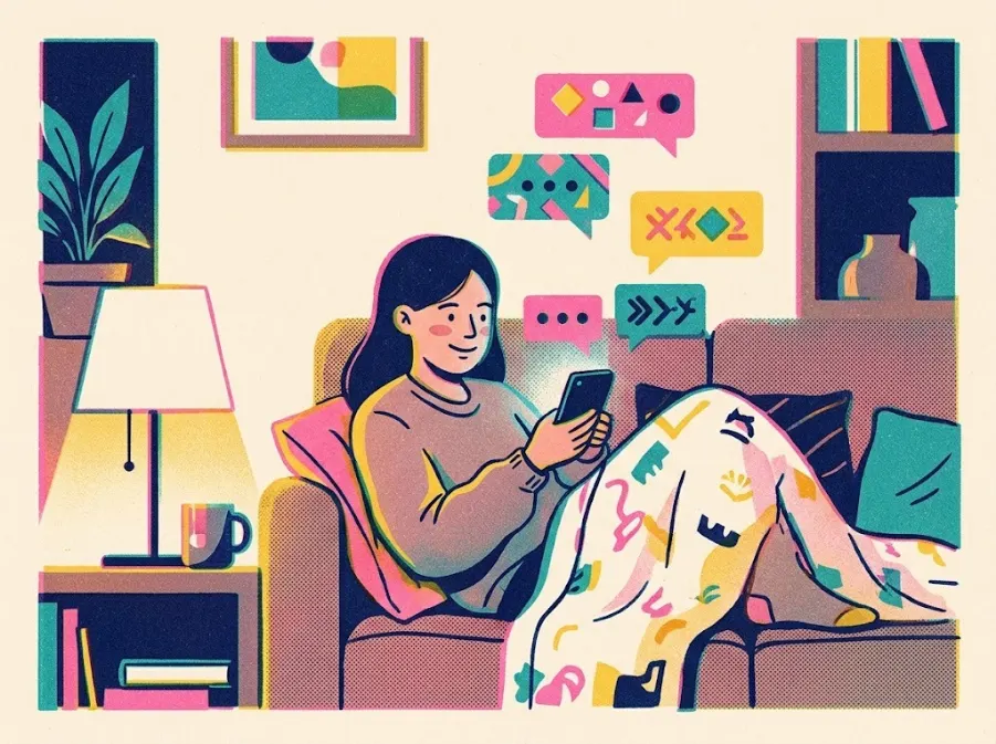 Risograph illustration of a woman smiling at her phone on a sofa with colorful chat bubbles floating up