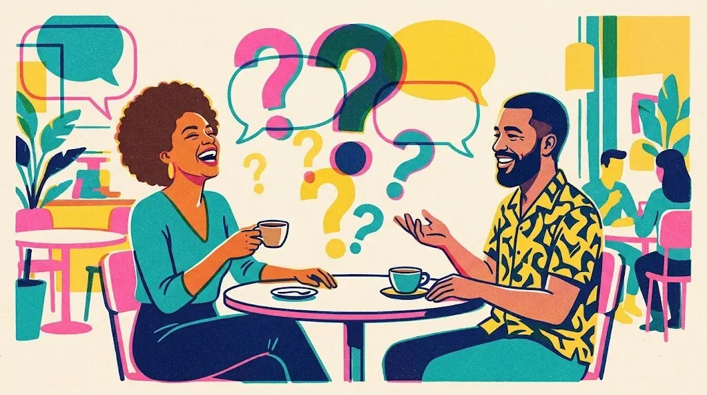 Risograph illustration of two adults laughing at a cafe table with question marks and speech bubbles floating between them, getting to know each other