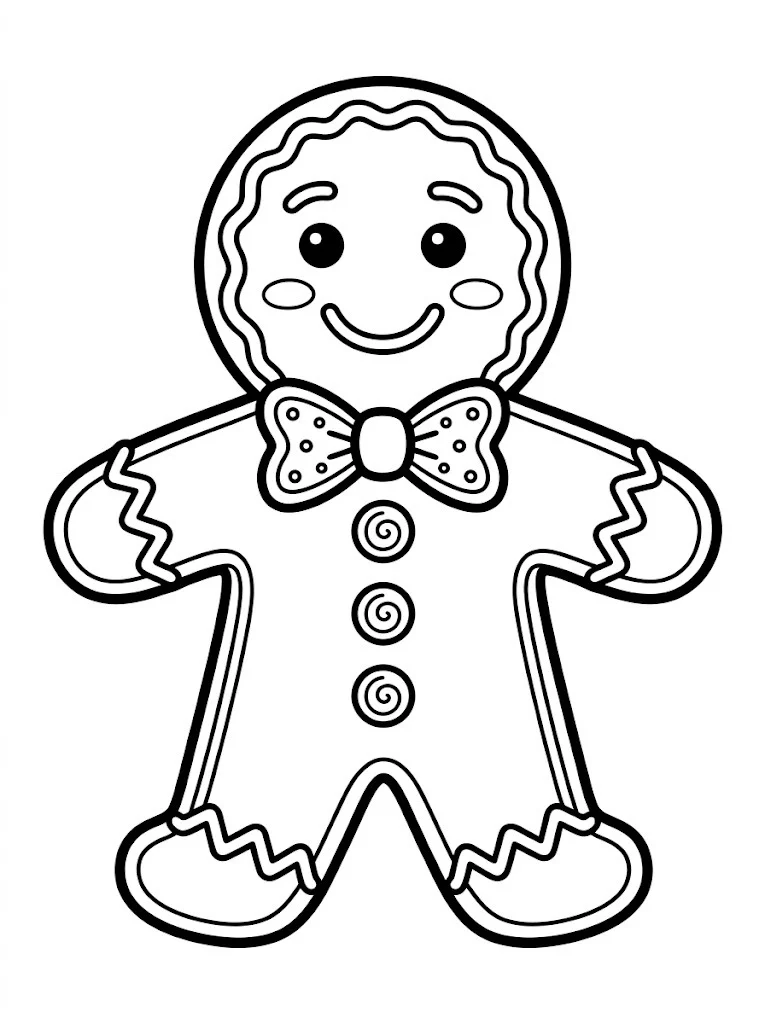 Gingerbread man coloring page with icing buttons and a bow tie