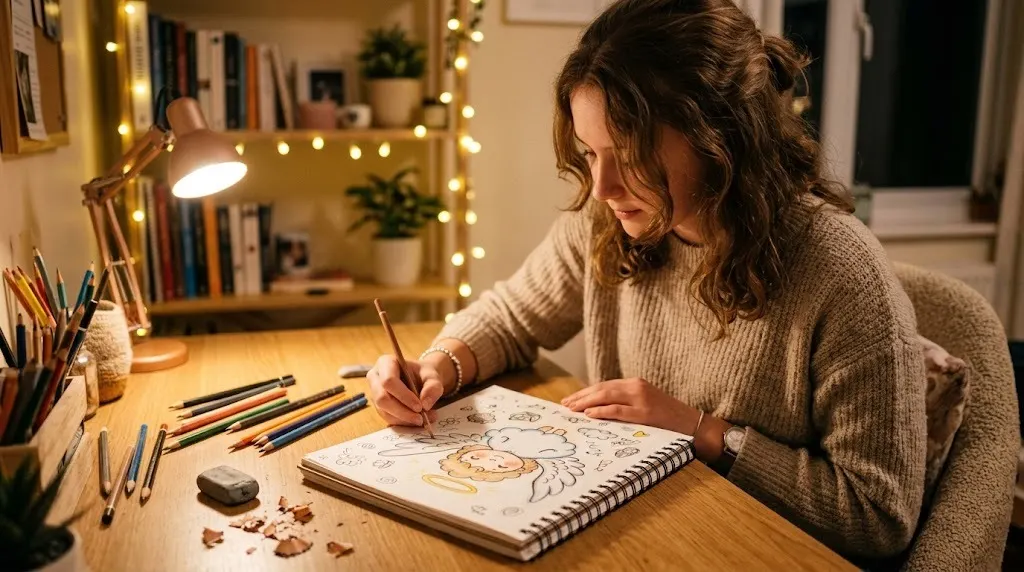 Teenage girl drawing an angel with wings and a halo in a sketchbook at a cozy desk with warm lamp light