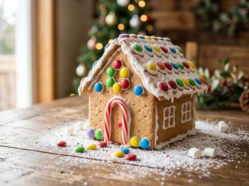 Simple graham cracker gingerbread house decorated by kids with colorful candy and icing snow