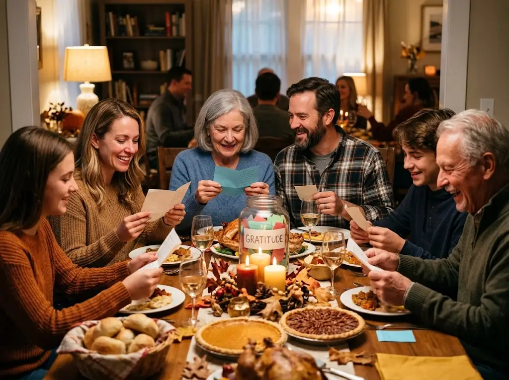 Family at a Thanksgiving dinner table reading handwritten gratitude notes from a glass jar