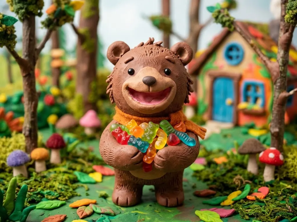 Toothless claymation bear holding gummy candies illustrating the gummy bear corny joke