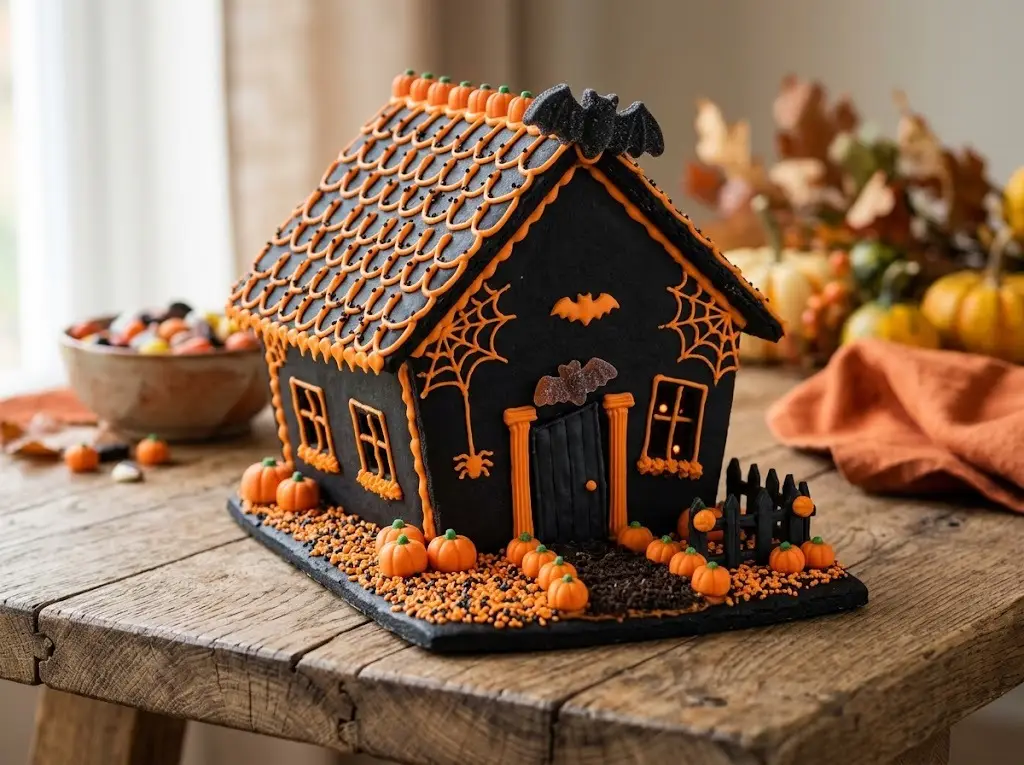 Cute haunted Halloween gingerbread house with black icing, orange trim, candy pumpkins and a gummy bat