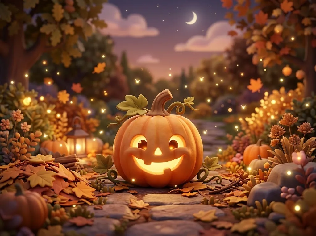 Friendly 3D glowing jack-o-lantern character in an autumn garden at dusk, illustrating Halloween riddles for kids