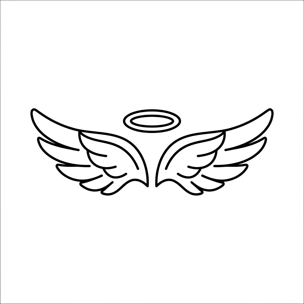 Minimalist halo and angel wings line drawing in a simple tattoo style