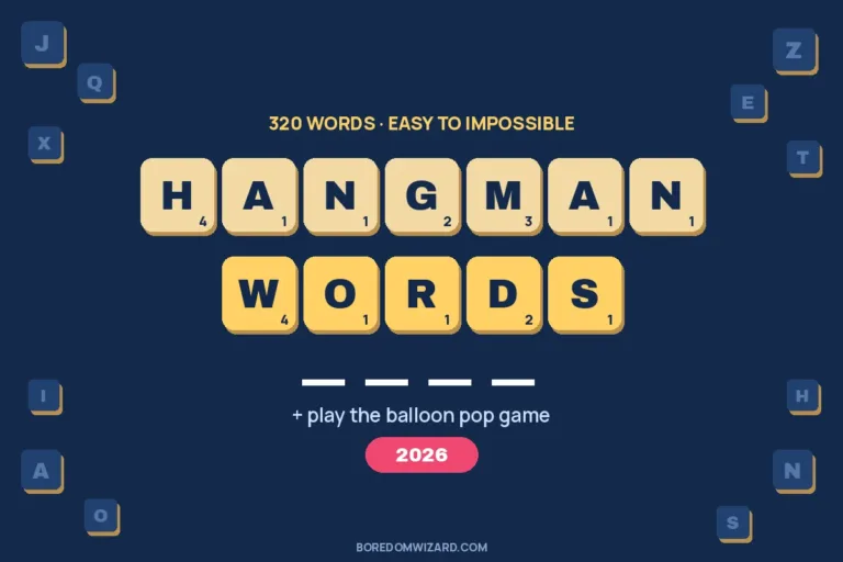 Hangman words 2026 cover: letter tiles spelling Hangman Words centered on a navy background with blank dashes below and scattered rare letter tiles