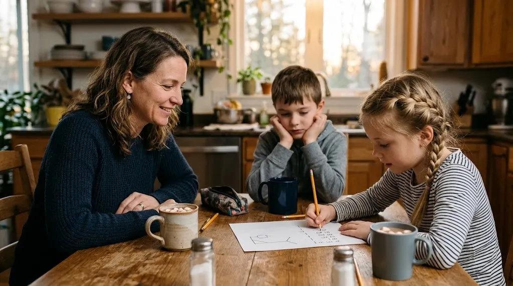 Hangman words game at home: a mom and two kids playing a word guessing game with blank dashes on paper at the kitchen table