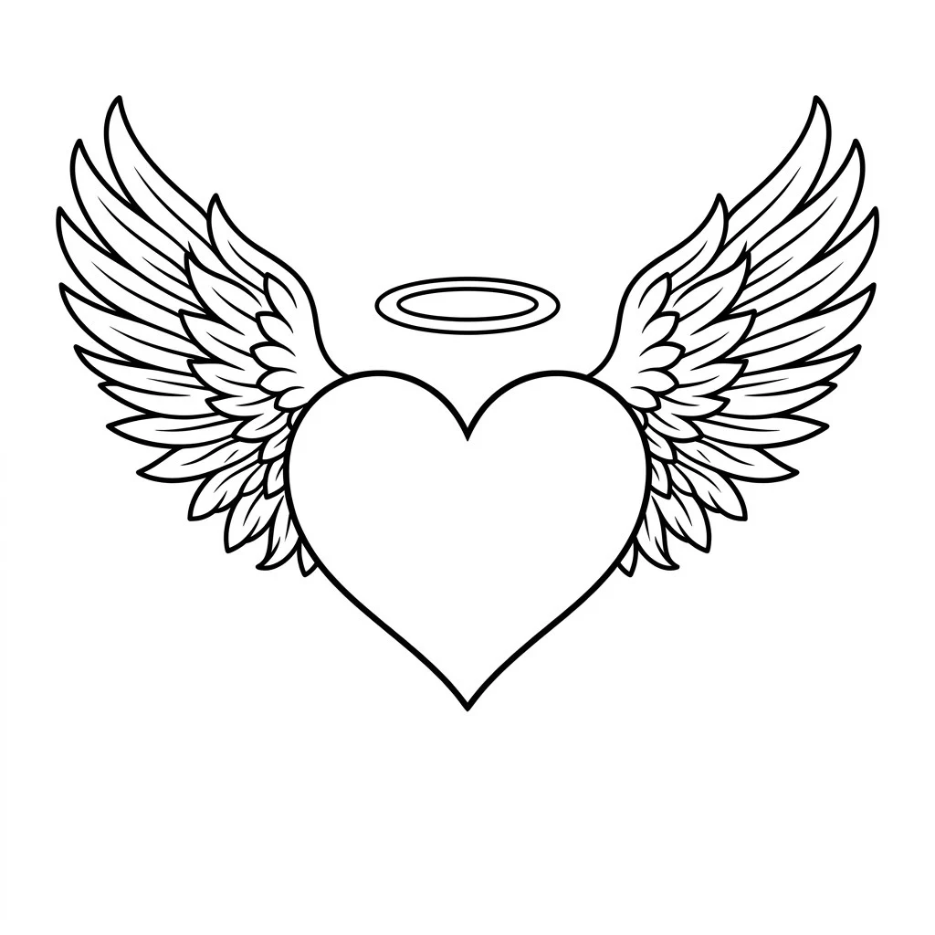 Simple drawing of a heart with feathered angel wings and a small halo