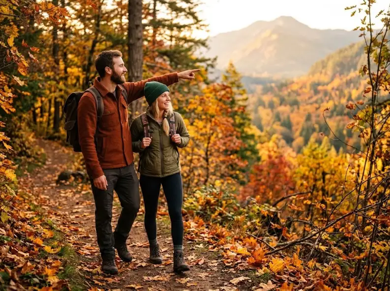 Couple hiking a forest trail in autumn on an active outdoor date