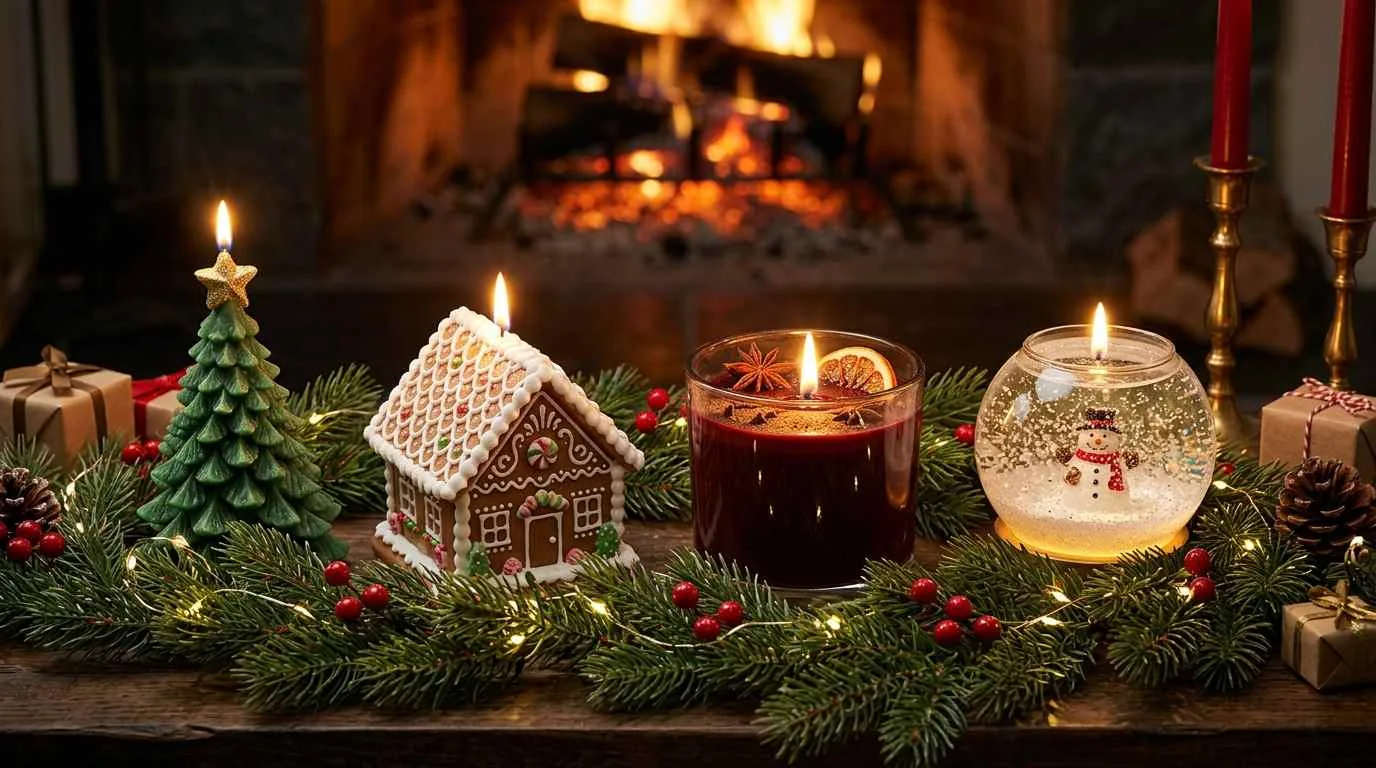 holiday candles arranged on a mantelpiece