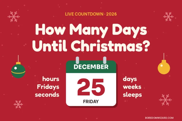 How many days until Christmas 2026 cover: the title centered on a red background above a December 25 calendar page marked Friday, with ornaments and snowflakes