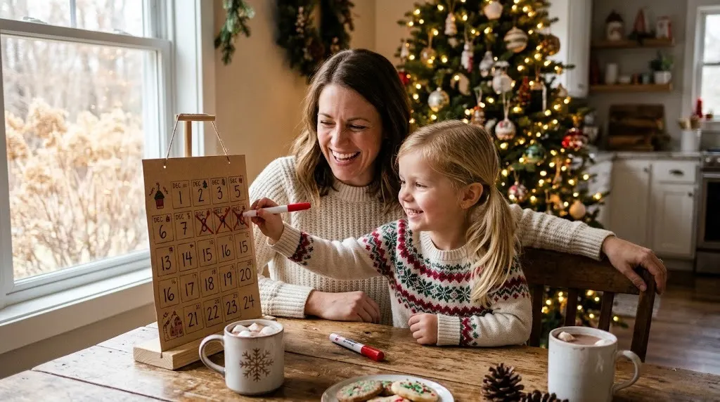 How many days until Christmas: a mother and daughter crossing off a day on a handmade paper Christmas countdown calendar at the kitchen table