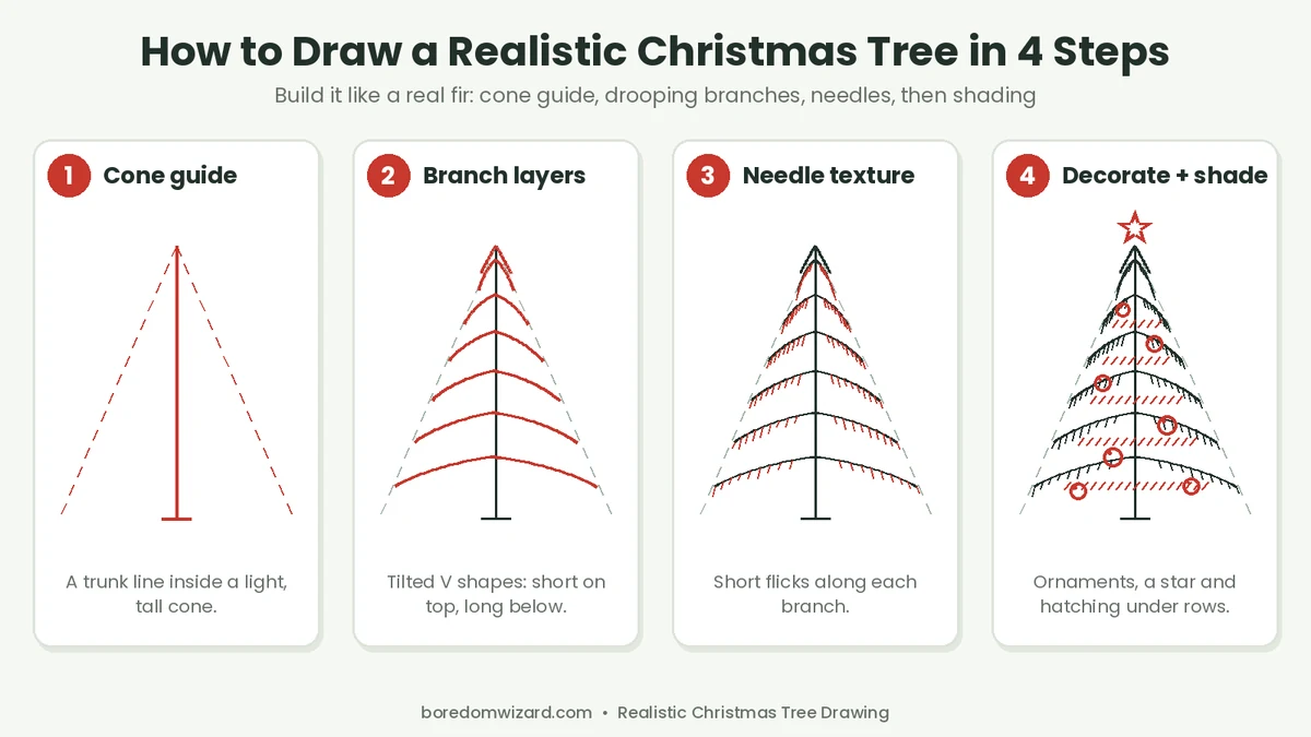 How to draw a realistic Christmas tree in 4 steps: trunk and cone guide, layered drooping branches, needle texture and decorations with shading