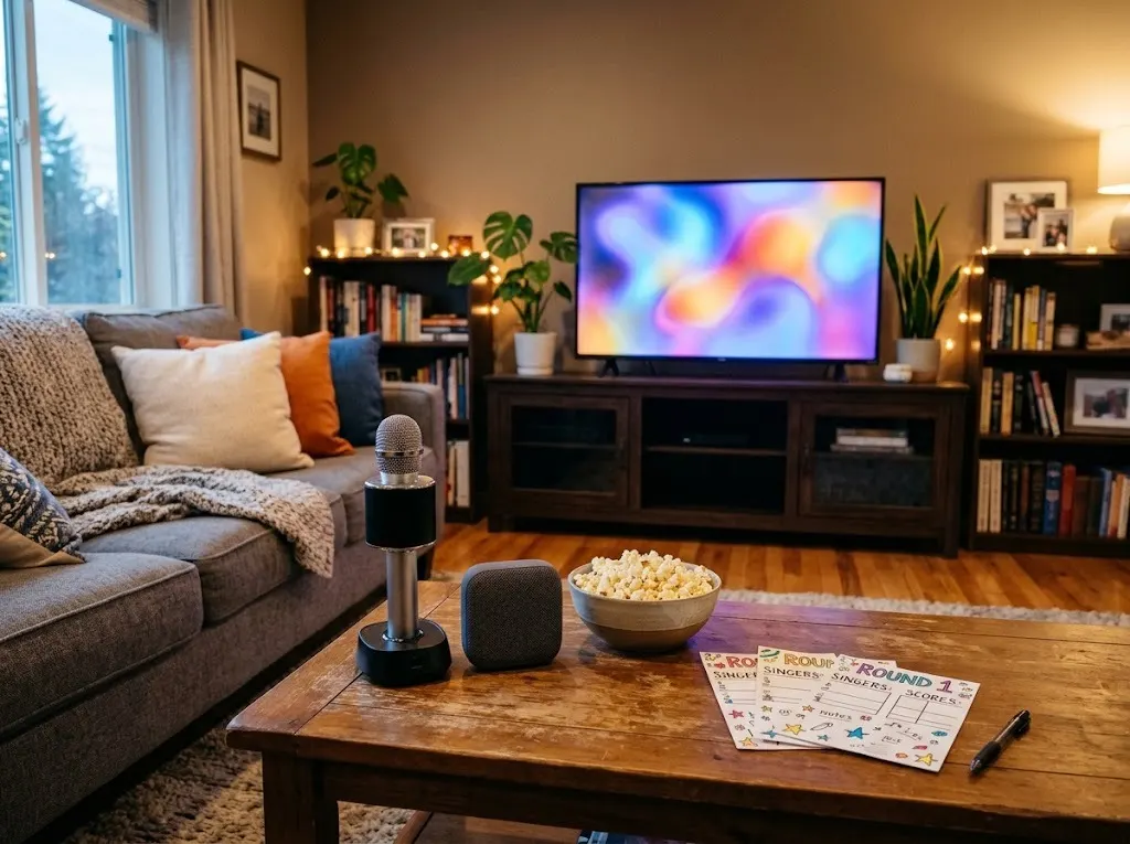How to host a karaoke night at home: a TV, a wireless karaoke microphone, a speaker, popcorn and score cards on a coffee table