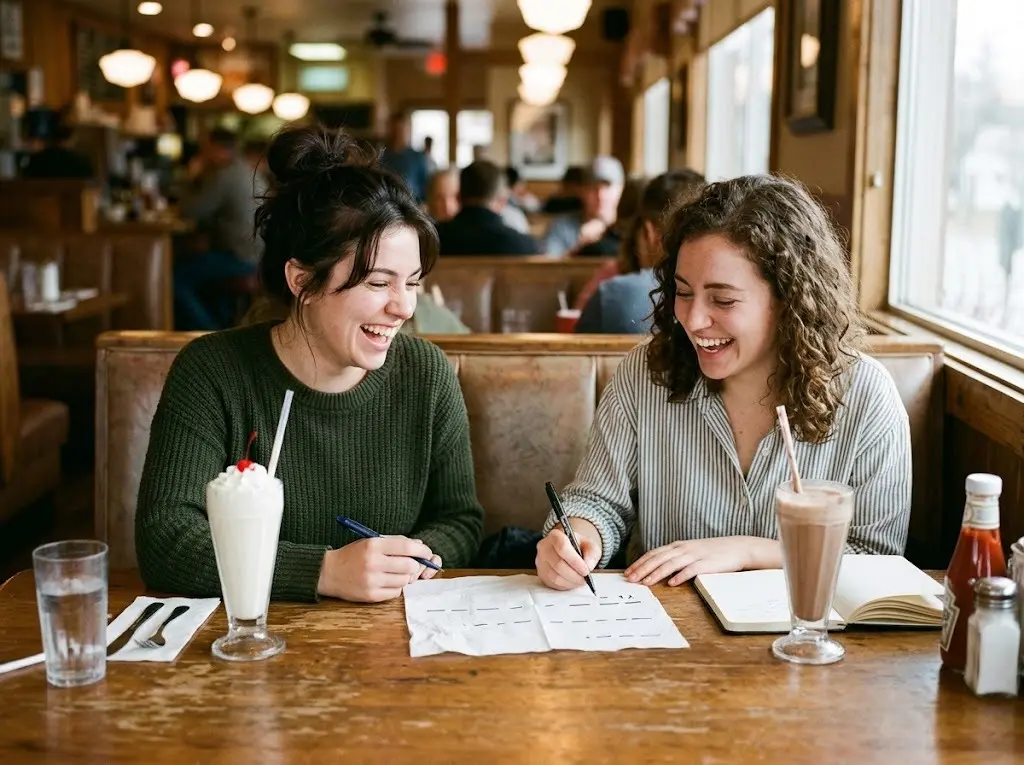 How to play hangman on paper: two friends playing a word game on a napkin in a diner booth