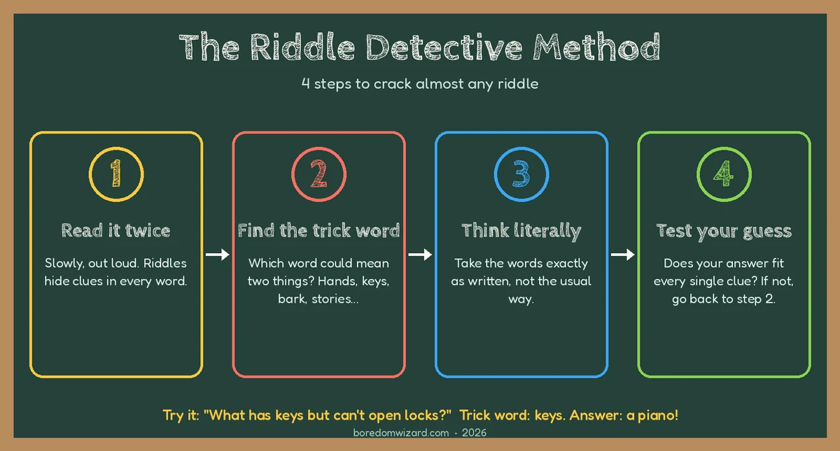 Chalkboard infographic of the Riddle Detective Method: read it twice, find the trick word, think literally and test your guess