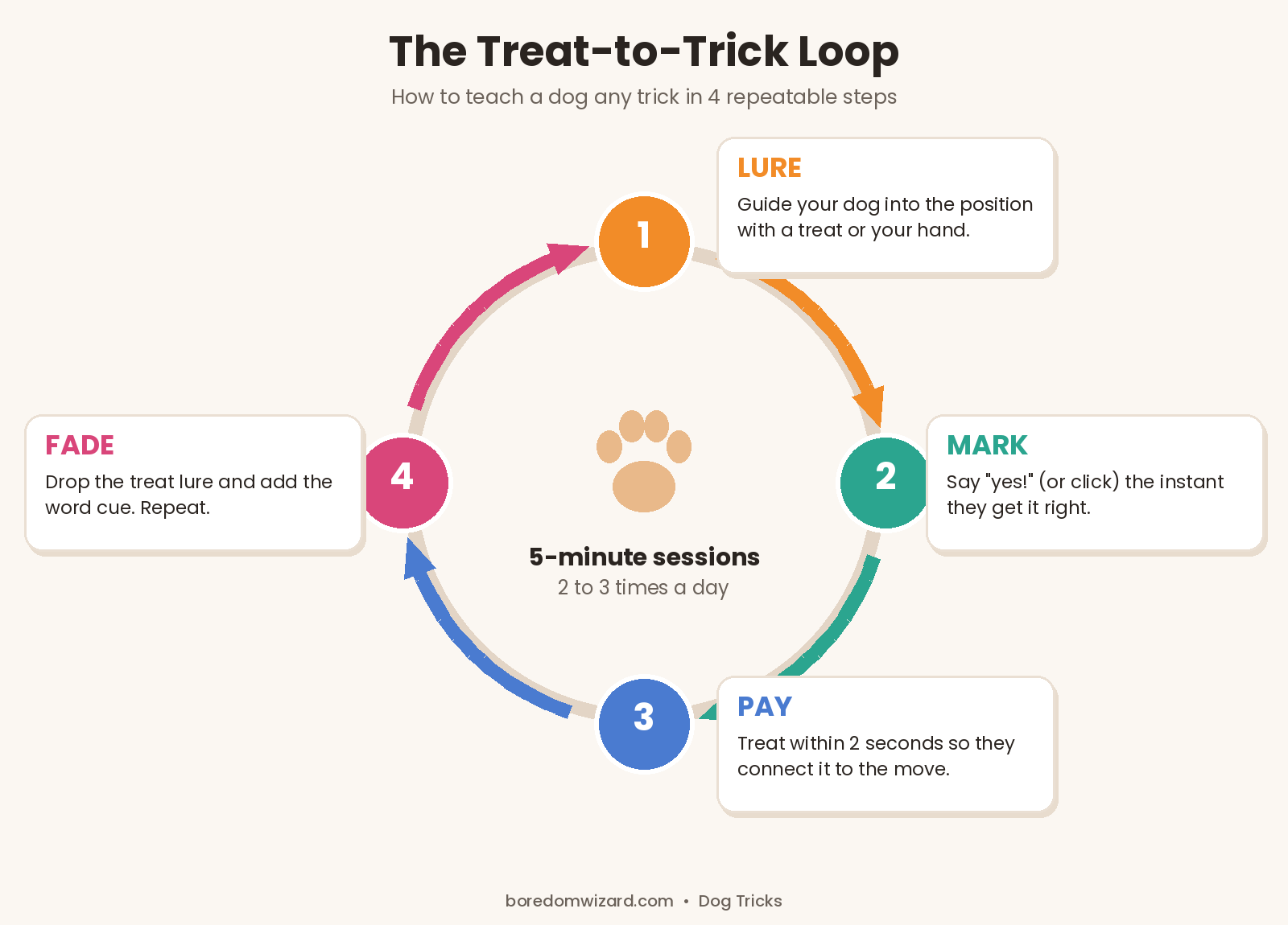 How to teach a dog tricks: the Treat-to-Trick Loop with four steps, lure, mark, pay and fade