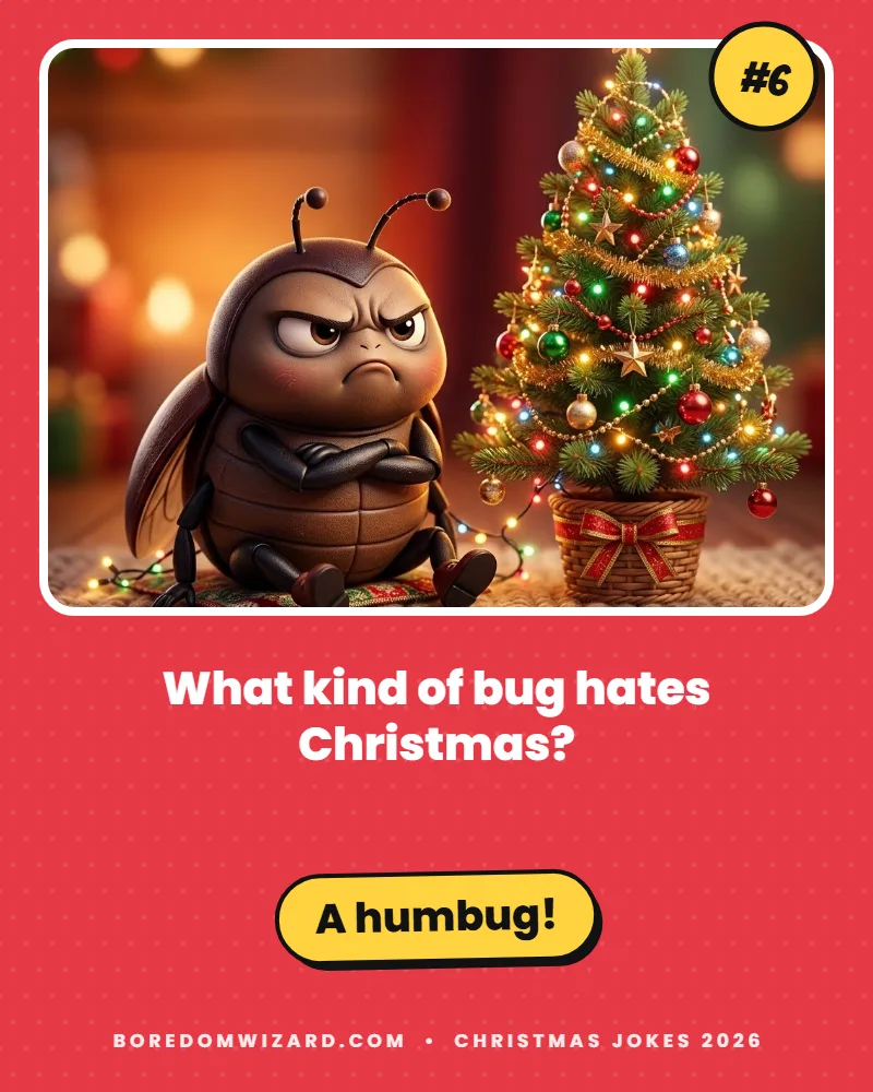 Christmas joke card of a grumpy beetle next to a Christmas tree: what kind of bug hates Christmas? A humbug