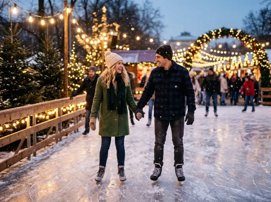 Couple ice skating hand in hand at an outdoor rink with holiday lights and falling snow